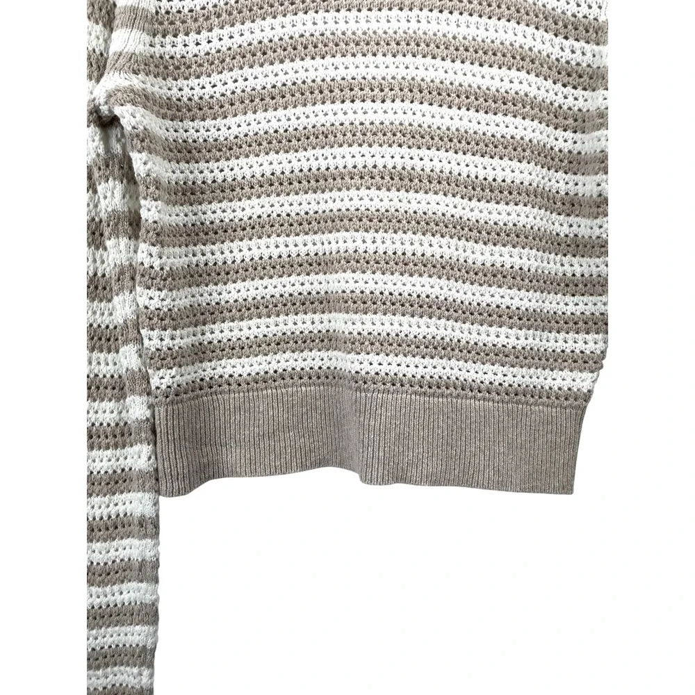 White + Warren striped knit cotton linen sweater‎ Size S tan white crochet boho